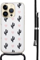 Hoesje met koord - Geschikt voor iPhone 14 Pro - Cactus - Verstelbaar zwart koord - Transparant, Groen - Planten - Leuke Telefoonhoesjes