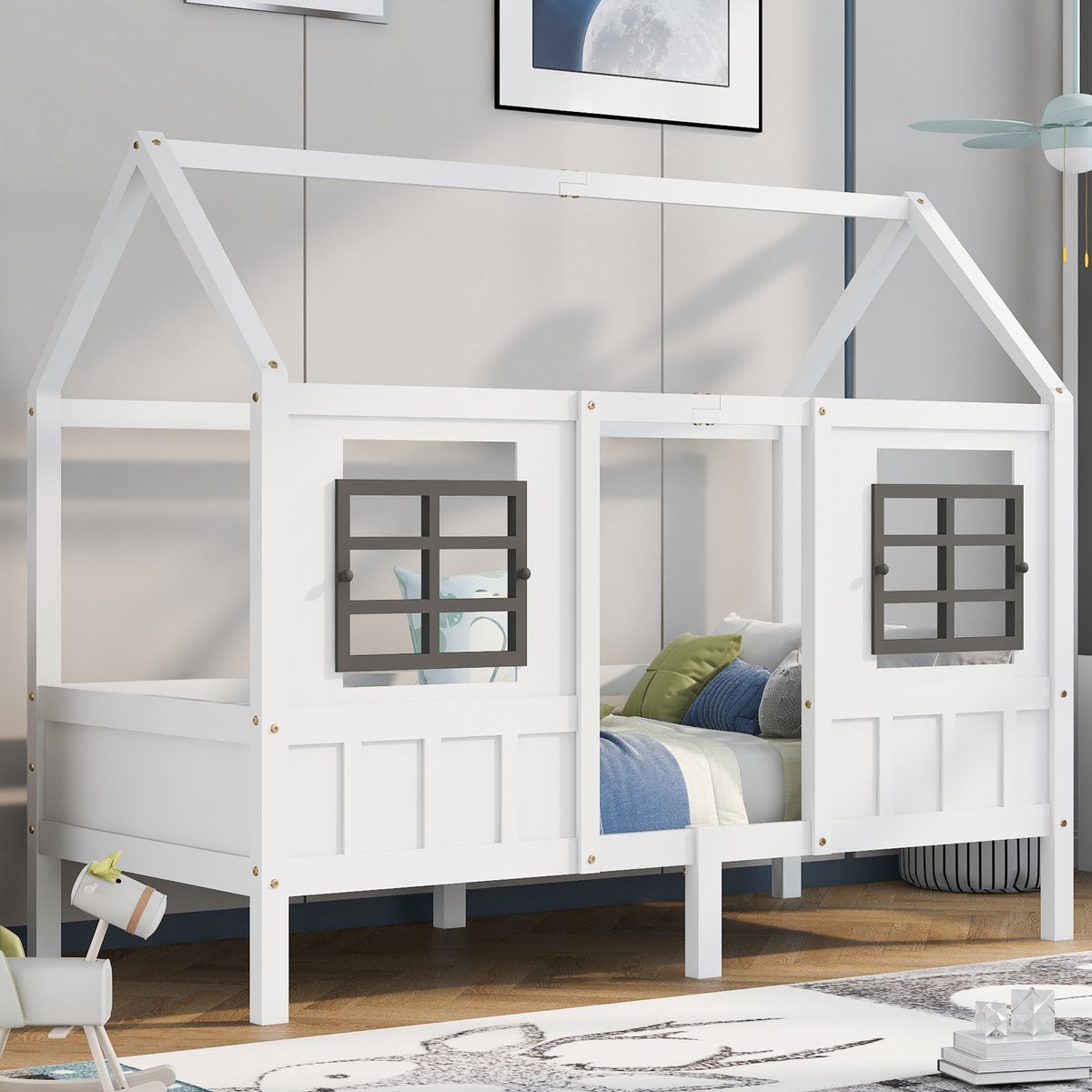 Huisbed kids twin size daybed met onderschuifbed-Volledige bescherming kinderbed met 2 ramen- frame gemaakt van grenen-MDF wit 200x90cm