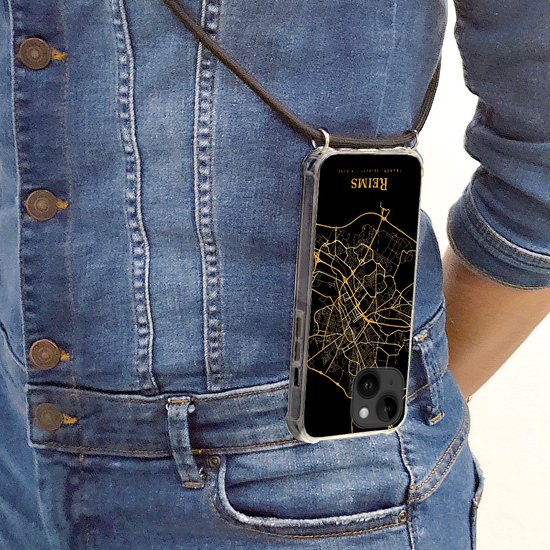 Cordon téléphonique - Chaîne téléphonique - Convient pour Apple iPhone 14 Plus - Étui à bandoulière - Reims - Carte - Or - Siliconen - Bandoulière - Étui pour téléphone avec cordon