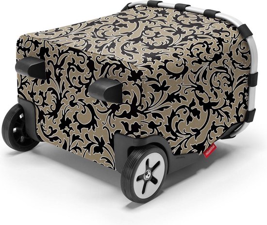 Gesloten winkelwagen met barok marmer zwart patroon en wielen.