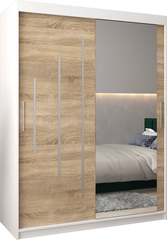 InspireMe – Kledingkast met 2 schuifdeuren, Modern-stijl, Een kledingkast met planken en een spiegel (BxHxD): 150x200x62 – MALTESE II 150 Wit Mat +…