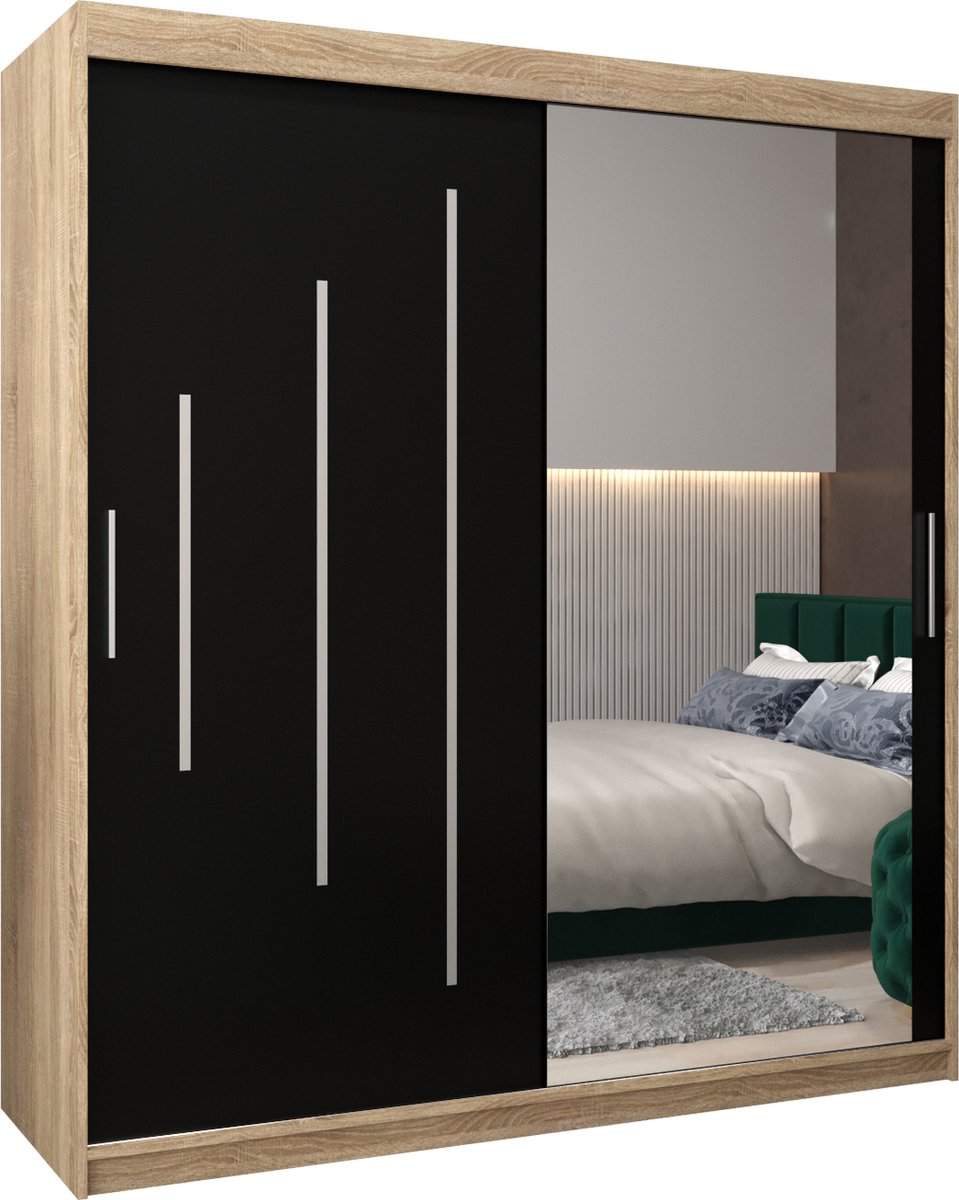 InspireME Kledingkast met 2 schuifdeuren, Modern-stijl, Een kledingkast met planken en een spiegel (BxHxD): 180x200x62 - MALTESE II 180 Sonoma Eik + Zwart Mat met 4 lades
