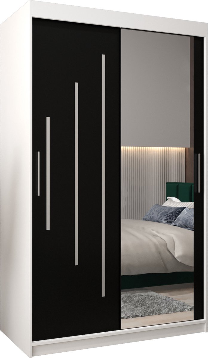 InspireME Kledingkast met 2 schuifdeuren, Modern-stijl, Een kledingkast met planken en een spiegel (BxHxD): 120x200x62 - MALTESE II 120 Wit Mat + Zwart met 2 lades
