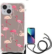 Hoesje met naam Geschikt voor iPhone 14 Telefoonhoesje met doorzichtige rand Flamingo