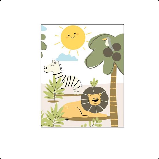 PosterDump - Poster Blije Jungle Dieren Leeuw Zebra Papagaai midden - Jungle / Safari Poster - Kinderkamer / Babykamer  - 40x30cm