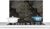 Spatscherm keuken 90x60 cm - Kookplaat achterwand Marmer - Zwart - Goud - Geometrie - Muurbeschermer - Spatwand fornuis - Hoogwaardig aluminium