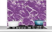 Spatscherm keuken 100x65 cm - Kookplaat achterwand Paars - Wit - Marmer print - Patronen - Muurbeschermer - Spatwand fornuis - Hoogwaardig aluminium