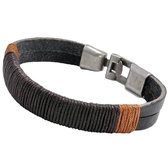 Rhylane – Stoere Heren Armband Voor Mannen – Metalen Sluiting – Zwart Leder & Bruin Touw - 20 cm