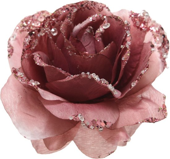 1x Oud roze decoratie bloemen rozen op clip 14 cm - Kerstversiering