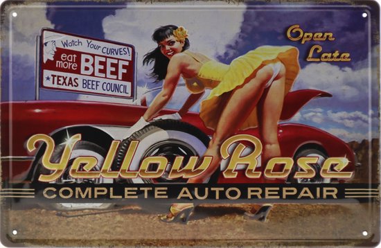 Wandbord – Yellow Rose - Pin Up girl - Retro - Wanddecoratie – Reclame bord – Restaurant – Kroeg - Bar – Cafe - Horeca – Metal Sign – 20x30cm