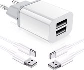 Gecertificeerde USB Stekker met 2 USB Poorten + 2x USB naar USB C Kabel - 3 meter - 2.1A Adapter Lader Oplader