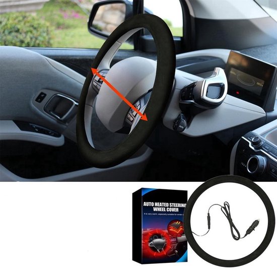 Verwarmde stuurhoes draadloos oplaadbaar, 15 inch luxe winter warm zwart stuurhoes met 2 snelheden temperatuuraanpassing voor auto, vrachtwagen, bestelwagen, SUV, O-type [voor 0 ~ min 20 °C