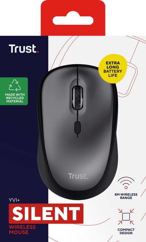 Verpakking van de Trust Yvi+ stille draadloze muis, met vermelding van "Extra lange batterijduur" en "Gemaakt van gerecycled materiaal".