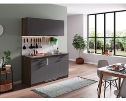 Goedkope keuken 150  cm - complete kleine keuken met apparatuur Oliver - Donker eiken/Grijs - elektrische kookplaat  - koelkast          - mini keuken - compacte keuken - keukenblok met apparatuur