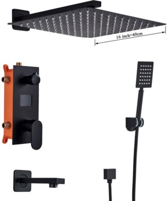 MEILLEUR CHOIX : Ensemble de douche SaniSupreme® New York Premium de Luxe LCD 16 pouces | Douche pluie 40 cm carrée 2 voies encastrable noir