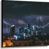 WallClassics - Canvas  - Onweer en Bliksem boven de Stad - 100x100 cm Foto op Canvas Schilderij (Wanddecoratie op Canvas)