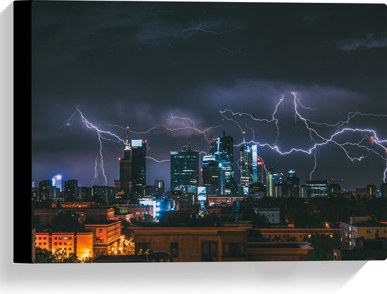 WallClassics - Canvas  - Onweer en Bliksem boven de Stad - 40x30 cm Foto op Canvas Schilderij (Wanddecoratie op Canvas)