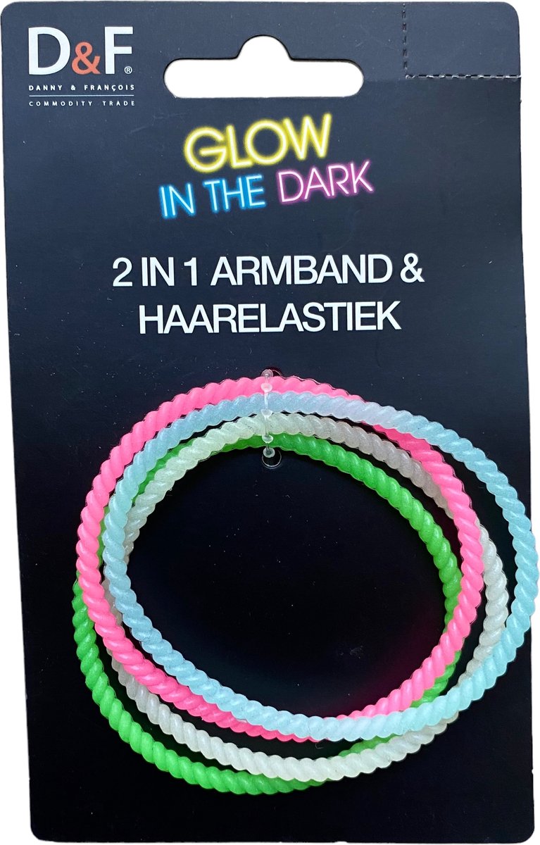 D&F Glow in the dark 2 in 1 Armband en Haarelastiek Roze, blauw, wit, groen 4 stuks