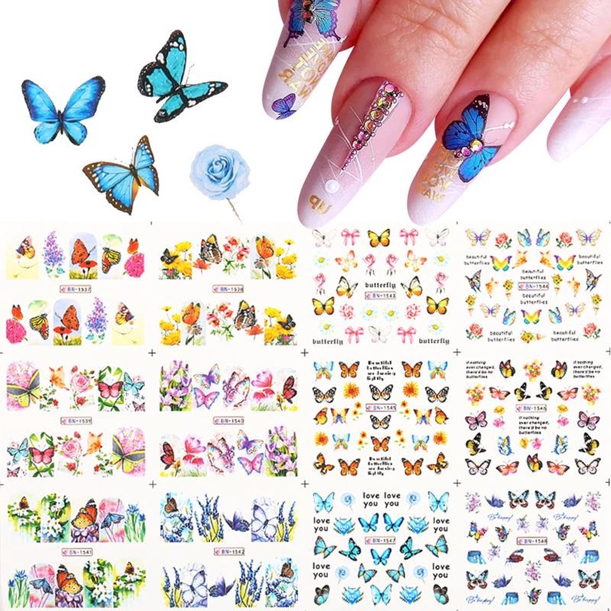 Goedkoopste 12 Stuks Nagelstickers – Nail Art Stickers – Vlinders – Set van 12 nagelstickers – Vlinders designs – nail art – Gemakkelijk aan te brengen – thuis en salons – Stijlvolle en unieke stickers