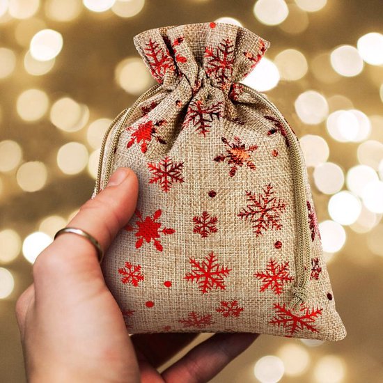 Kerst zakjes Jute - 10 x 13 cm - 10 stuk - Rode Sneeuwvlokken - 100% Naturel - Kerstverpakking Kerstdecoratie Kerstversiering