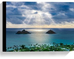 Canvas - Uitzicht over Strand en Zee - Lanikai Beach - Hawaï - 40x30 cm Foto op Canvas Schilderij (Wanddecoratie op Canvas)