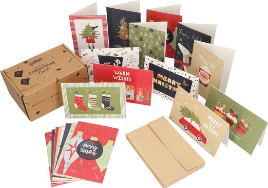 Set van 48 kerstkaarten met verschillende ontwerpen, waaronder kerstbomen, kerstmannen en kerstcadeaus. Inclusief enveloppen.