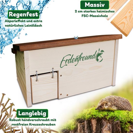 IDEA HOME - Egelhuis met houten bodem, het hele jaar door, weerbestendig, perfect voor de tuin, winterkwartier