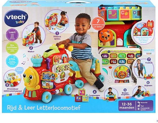 Doos van VTech Rijd & Leer Letterlocomotief met afbeeldingen van spelende kinderen en de trein.