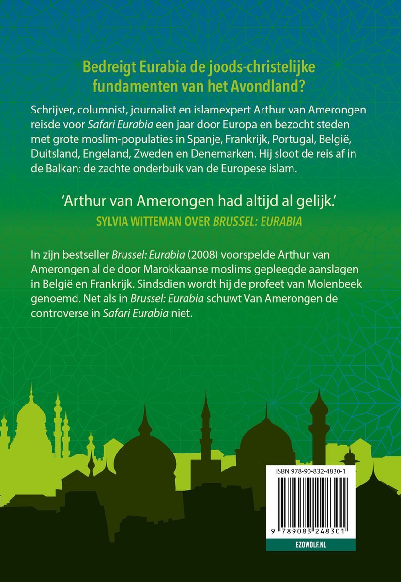 Boekcover: 'Bedreigt Eurabia de joods-christelijke fundamenten van het Avondland?' met tekst over Arthur van Amerongen.