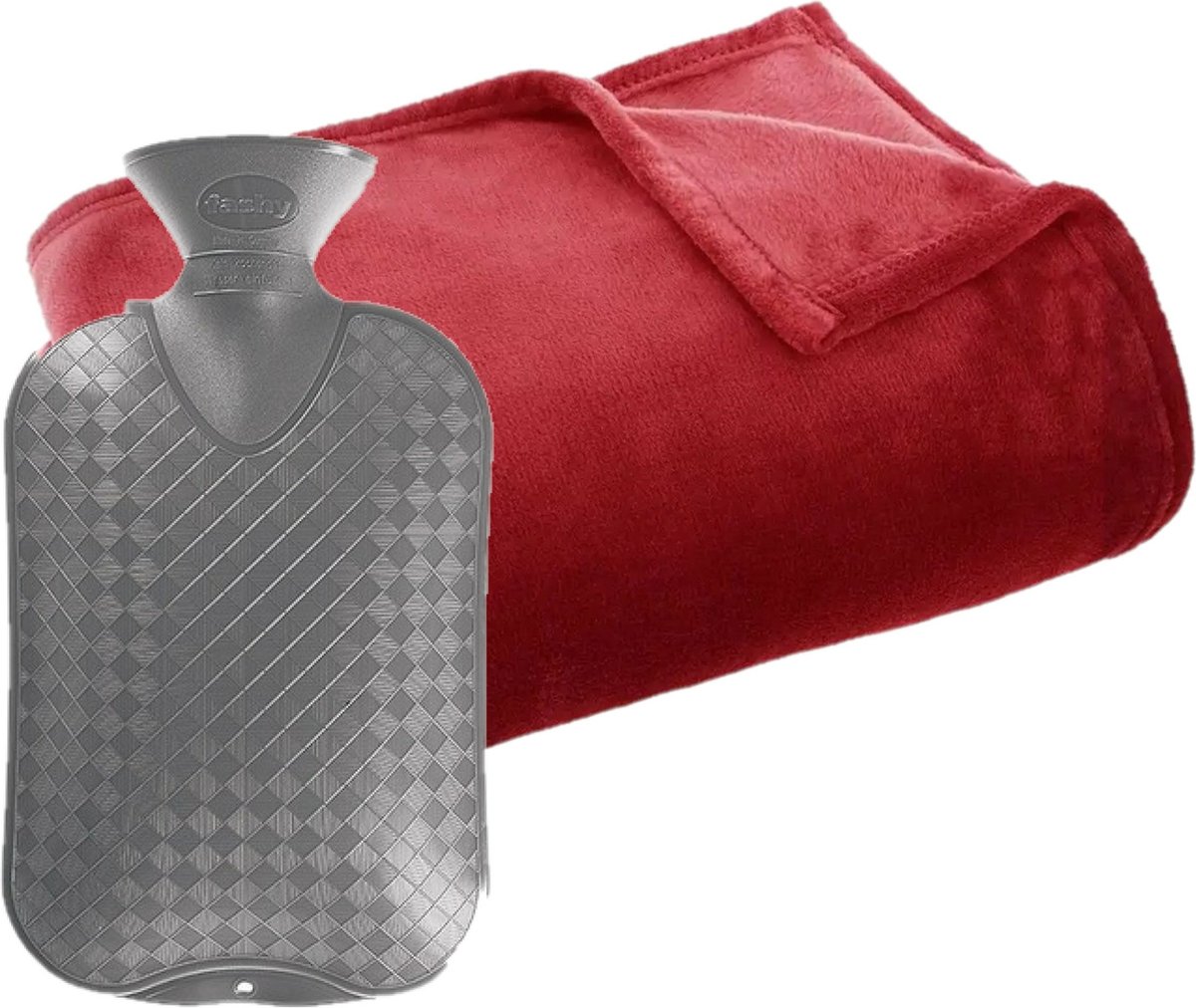Fleece deken/plaid rood 125 x 150 cm en een warmwater kruik 2 liter