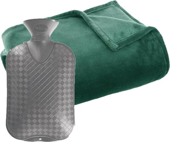 Fleece deken/plaid Groen 130 x 180 cm en een warmwater kruik 2 liter