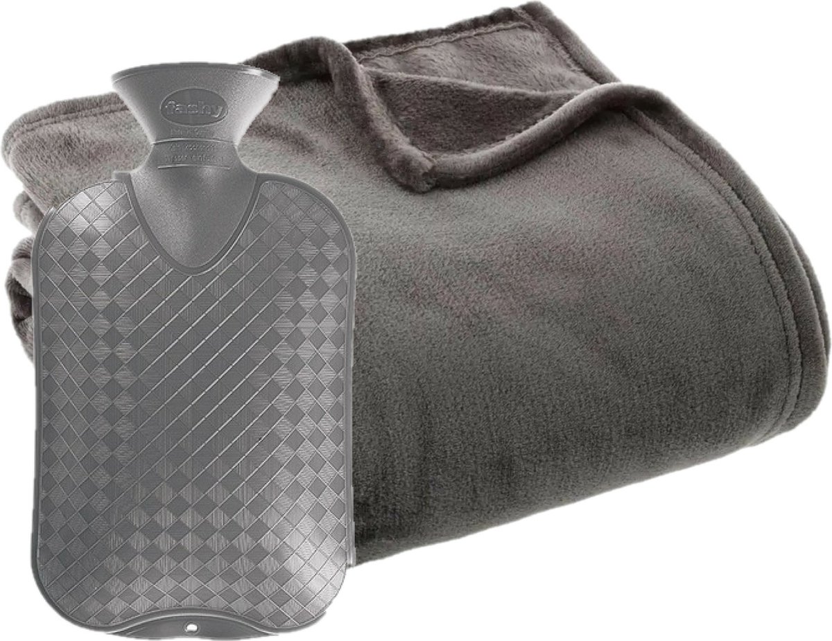 Fleece deken/plaid Titanium Grijs 130 x 180 cm en een warmwater kruik 2 liter