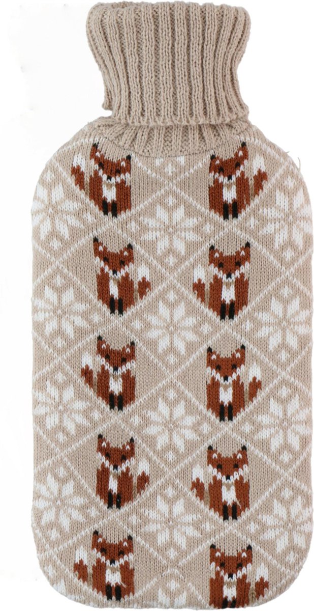 Goedkoopste Warmwaterkruik - gebreide hoes - vossen print beige - 2 liter