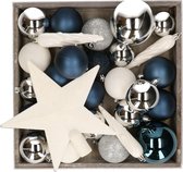 Kerstballen set - 45x st - met ster piek - blauw,wit,zilver - kunststof