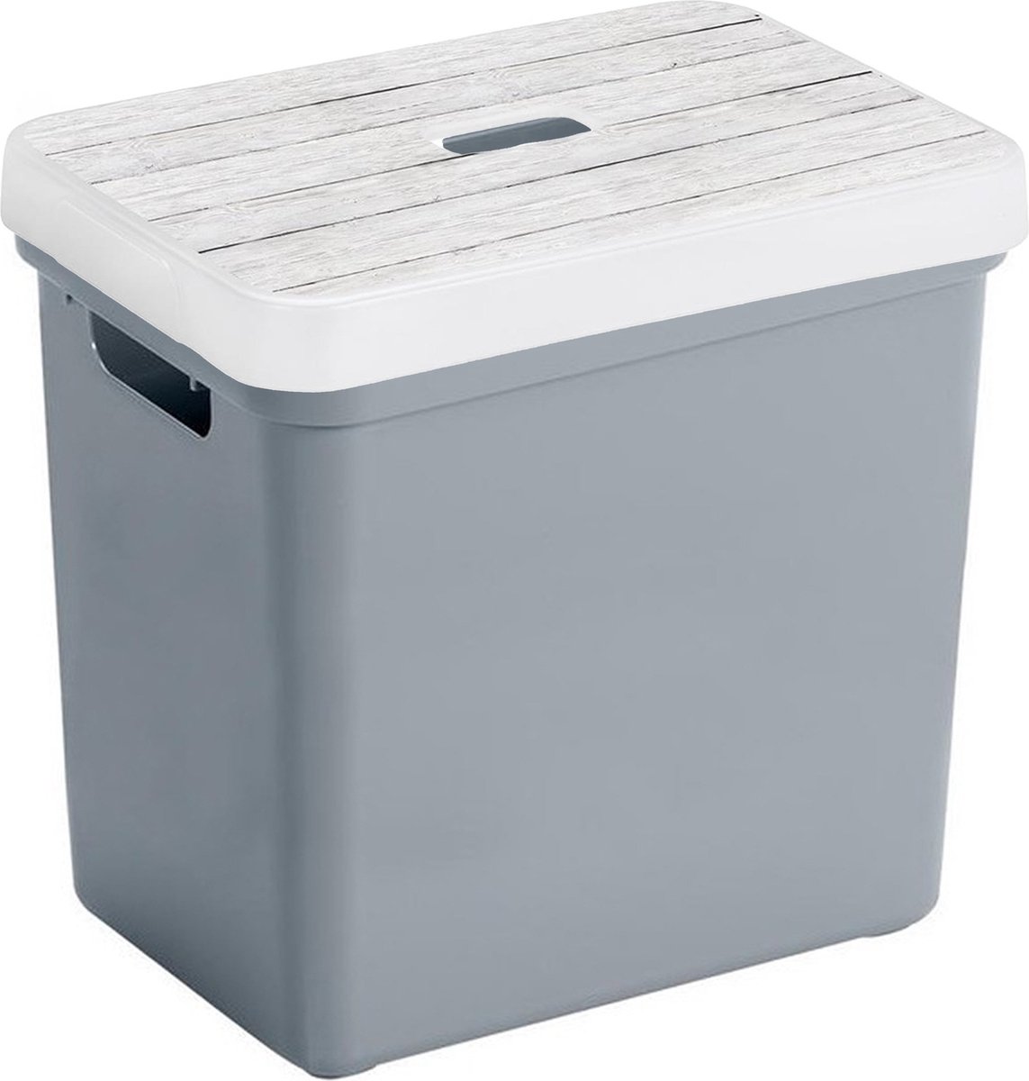 Sunware Opbergbox - mand - blauw/grijs - 25 Liter - kunststof - met houtkleur deksel - opslag kist - 35 x 25 x 36 cm