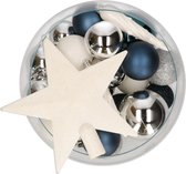 Decoris kerstballen set - 33x stuks - blauw/wit/zilver - kunststof - met piek