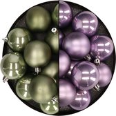 Kunststof kerstballen 6 cm - 24x stuks - groen en lila paars