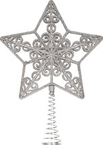 Kerstboom piek - open ster - kunststof - zilver glitter - 20 cm