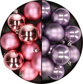 Kunststof kerstballen 6 cm - 24x stuks - roze en lila paars