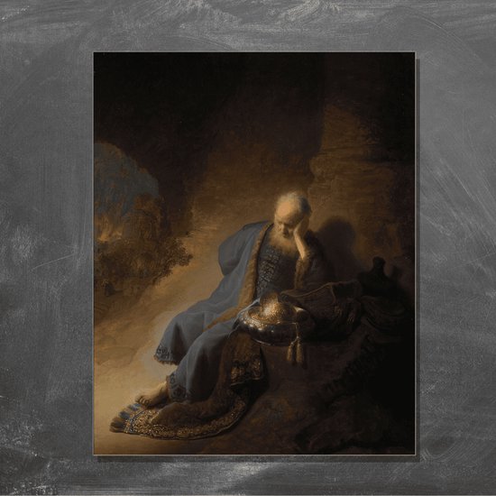 Wanddecoratie / Schilderij / Poster / Doek / Schilderstuk / Muurdecoratie / Fotokunst / Tafereel Jeremia treurend over de verwoesting van Jeruzalem - Rembrandt van Rijn gedrukt op Textielposter