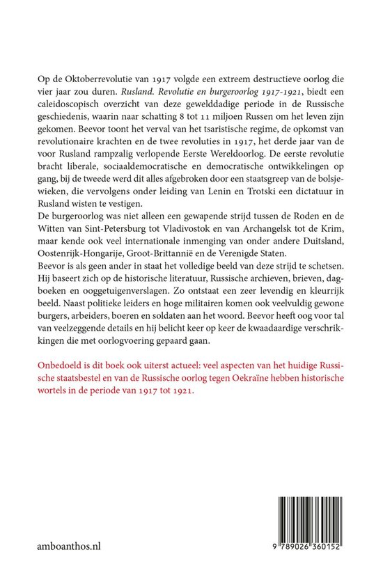 Achterkant boek: Rusland, Revolutie en burgeroorlog 1917-1921 door Antony Beevor. Inclusief ISBN.