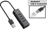 Hub USB 3.0 Discountershop® - 4 Portes - Convertisseur USB C inclus - Répartiteur USB - Zwart