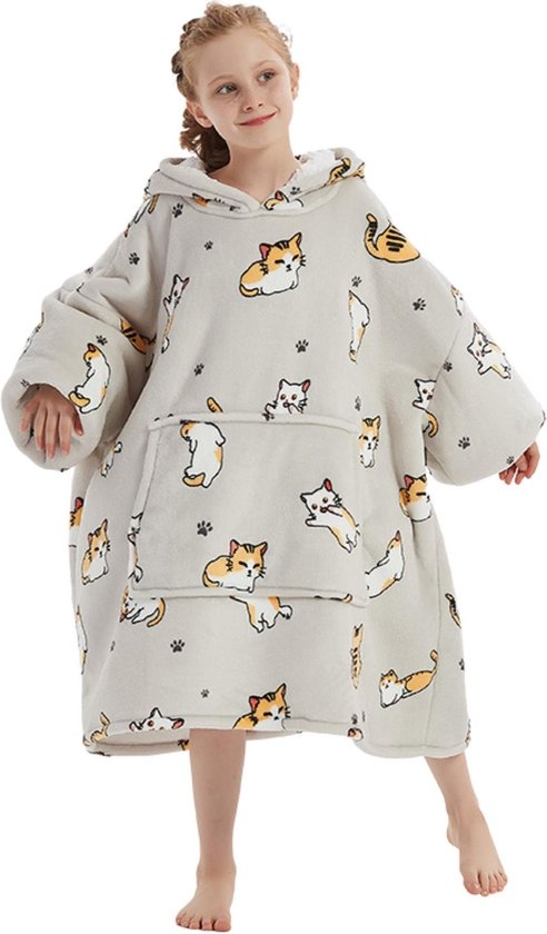 Cats hoodie deken kinderen - fleece deken met mouwen - ultrazachte binnenkant - snuggie - one size fits all - kids - energie besparen