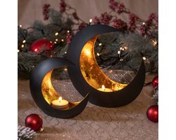 foto van Gadgy Theelichthouder Maan - Set van 2 - Waxinelichthouder - Kaarsenhouders voor Waxinelichten - 15&21CM - Zwart / Goud - Decoratie voor Binnen