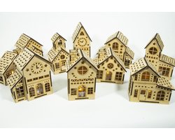 Houten Kerstdorp • Set 4 - Kersthuis Nr.1 tot en met Nr. 10 • Bouwpakket • Bouw je eigen Kerstdorp