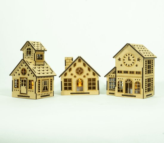 Houten Kerstdorp • Set 3 - Kersthuis Nr.4, 5 & 7 • Bouwpakket • Bouw je eigen Kerstdorp