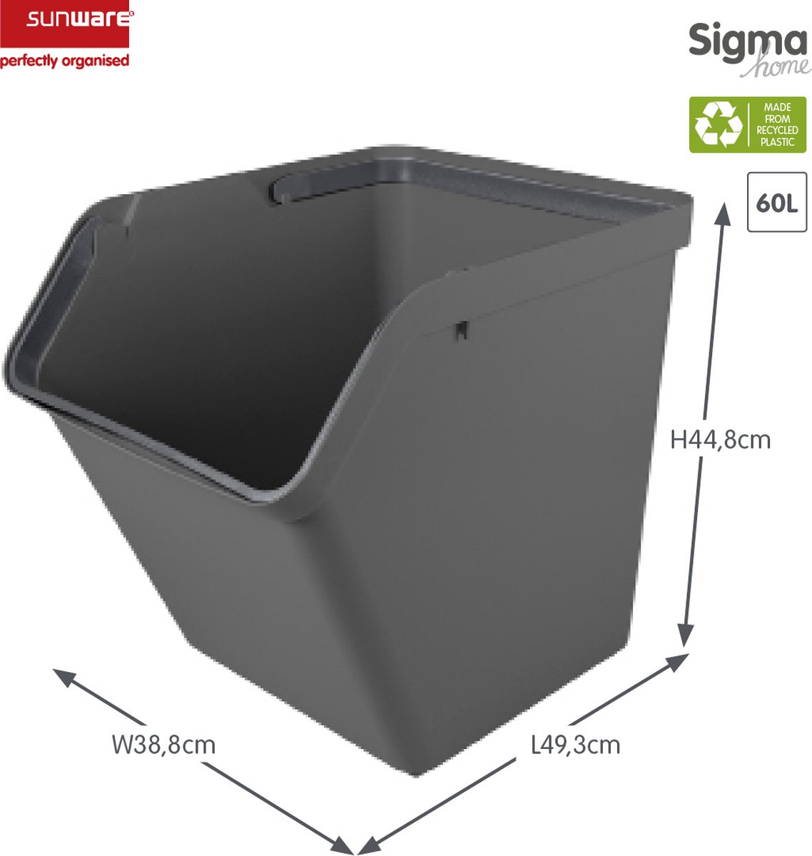 Sunware - Sigma home sorteer unit 60L antraciet - 49,3 x 38,8 x 44,8 cm