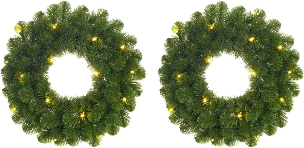Set van 2x stuks groene verlichte kerstkransen/deurkransen met 30 LEDS 60 cm - Kransen met verlichting/kerstverlichting