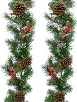 Set van 2x stuks kerst dennenslinger guirlandes groen met sneeuw en decoratie 270 cm - Kerstslingers