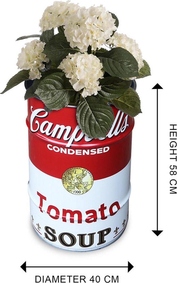 Barrelkings - Staande Plantenbak - Campbell's Soup Pop Art Design - Metaal Olievat - Ø40x58 cm - 60L - Binnen & Buiten